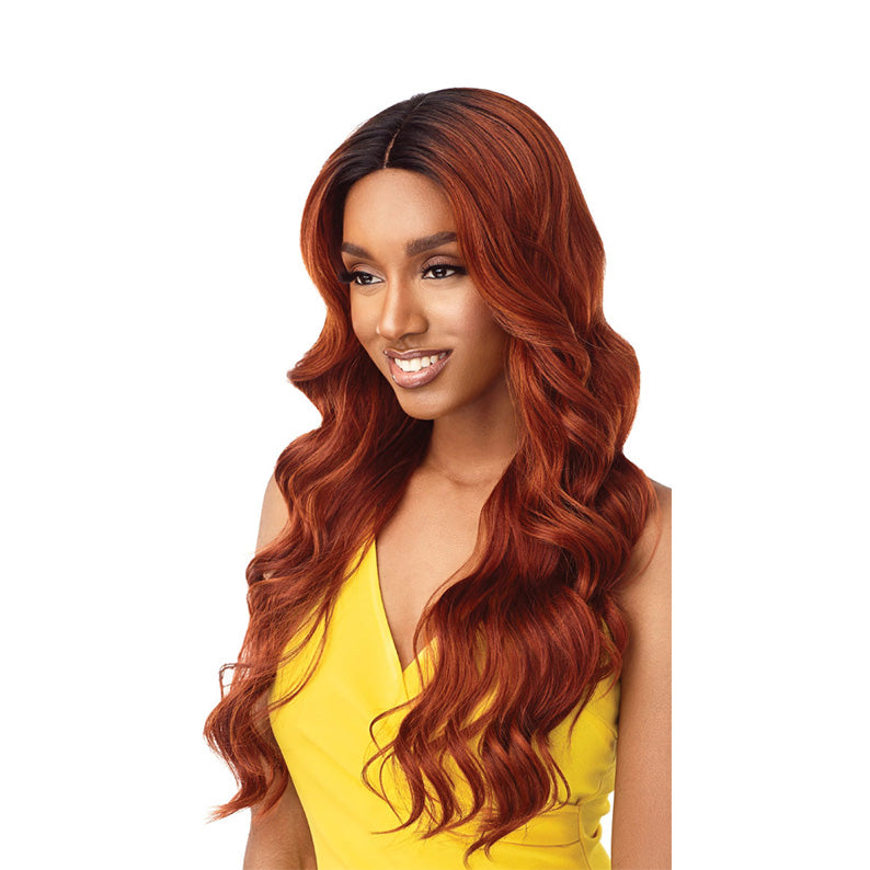 OUTRE Kamala 26 inch synthetic lace wig in copper auburn long wavy hair with center part