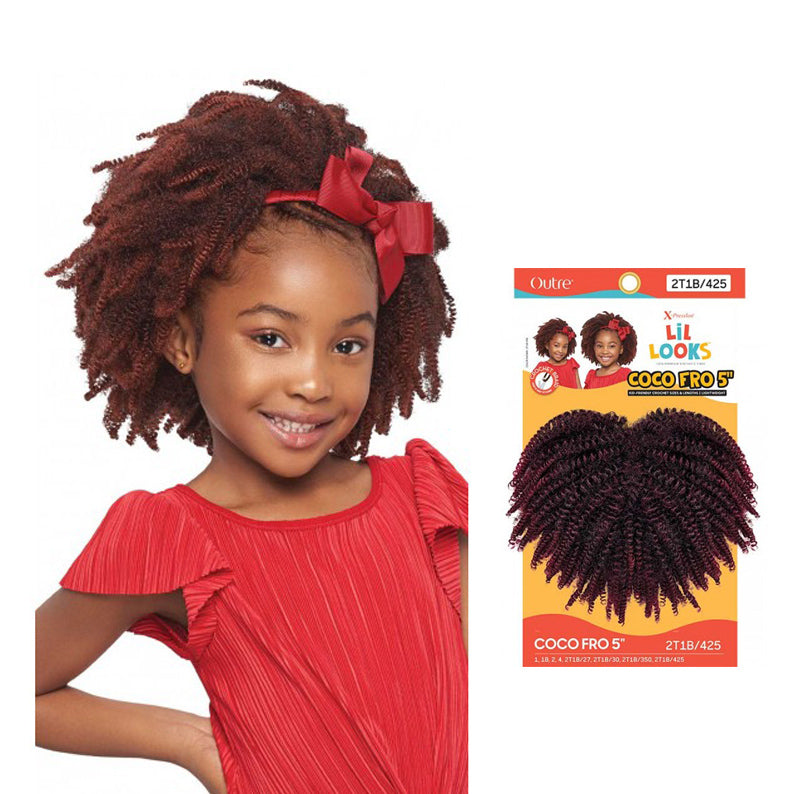 Outre kids crochet braids for natural hair with curly texture in deep burgundy color on a smiling girl