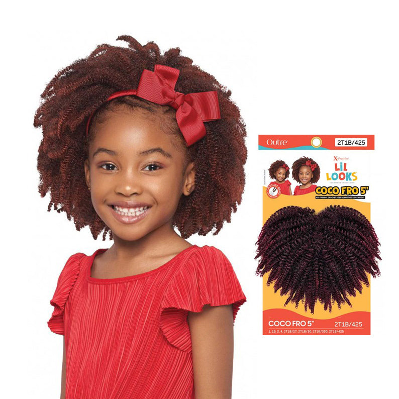 Outre kids crochet braids for natural hair Coco Fro 5 in color 2T1B 425 displayed with smiling girl wearing the braids