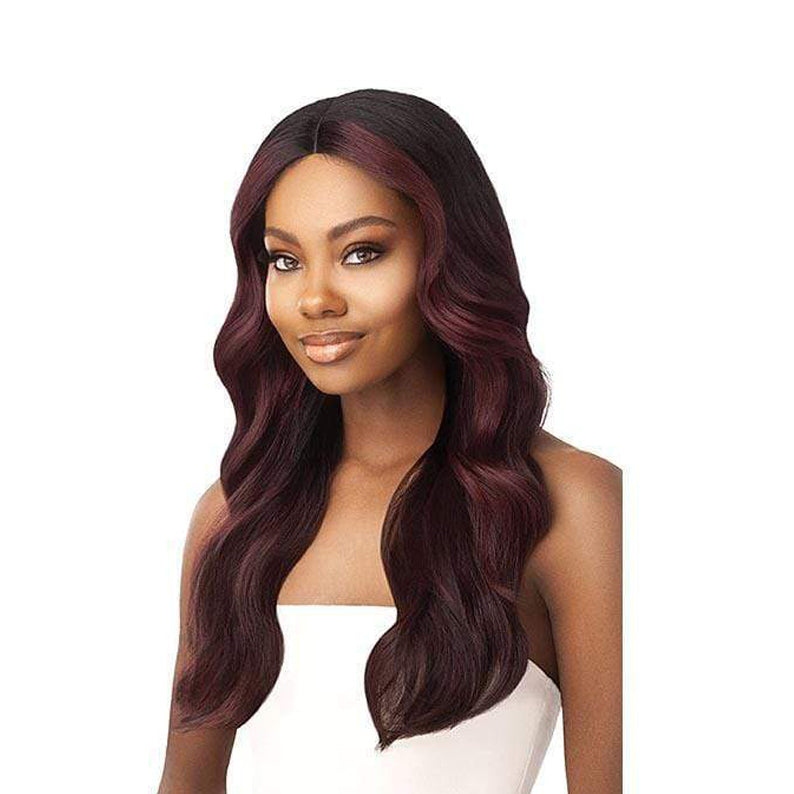 OUTRE lace front synthetic wig 20 inch burgundy wavy long center part with natural hairline on model