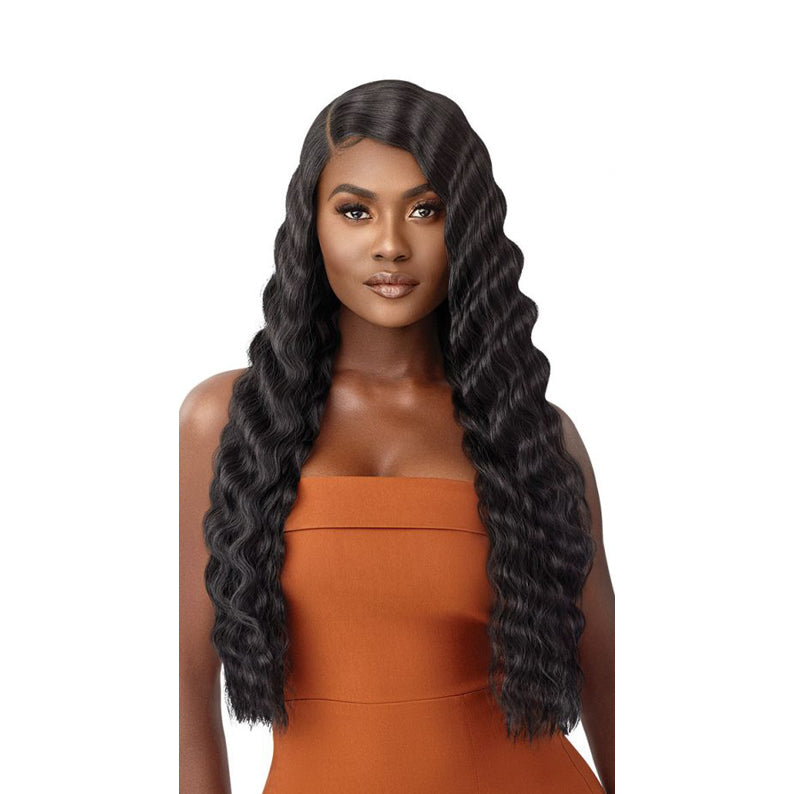 OUTRE lace front synthetic wig 28 inch deep wave long black hair with natural hairline on model