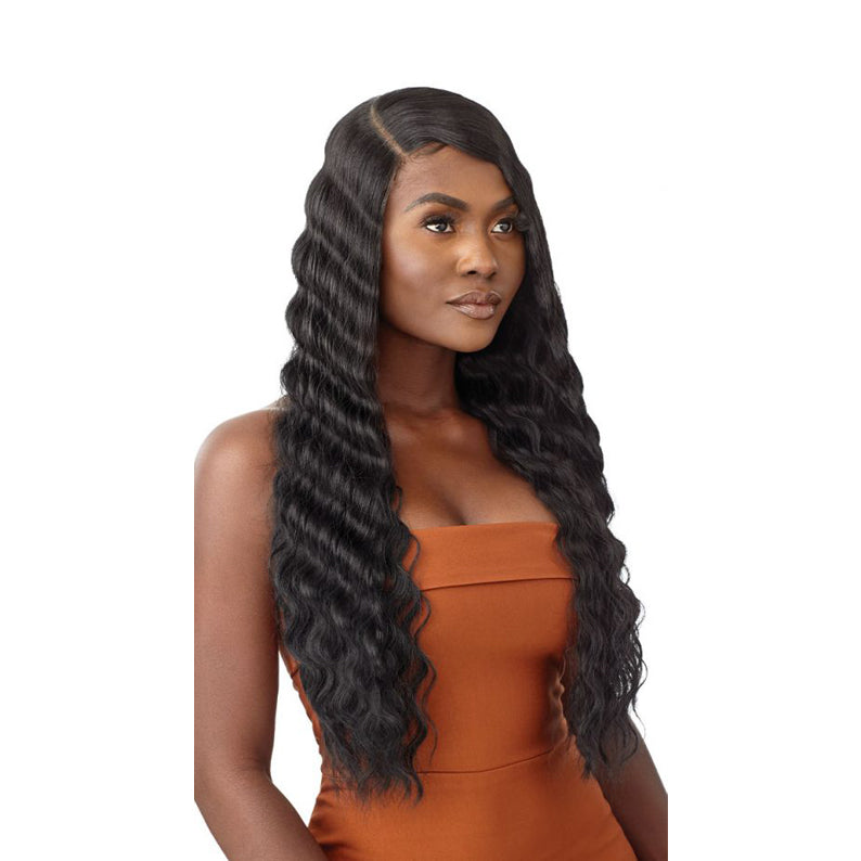 OUTRE lace front synthetic wig 28 inch long deep wave in natural black with side part on model