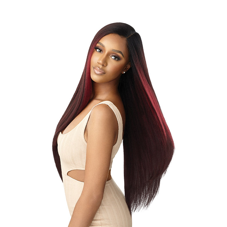 OUTRE lace front synthetic wig long straight burgundy ombre with center part sleek natural hairline
