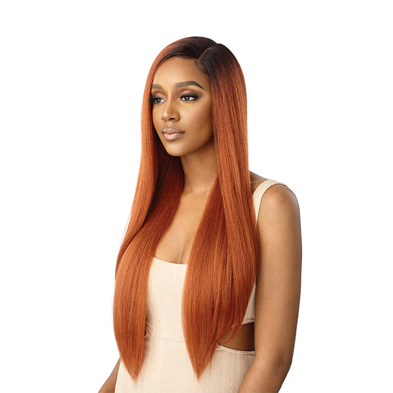 OUTRE lace front synthetic wig long straight copper auburn with deep side part on model