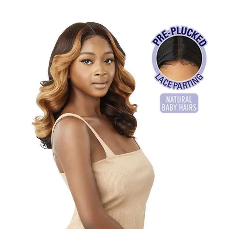 OUTRE lace front wig 16 inch wavy brown to honey blonde ombre on model with pre plucked part and baby hairs