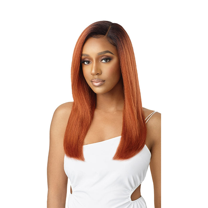 OUTRE lace front wig natural yaki straight copper medium length with middle part on model in white dress