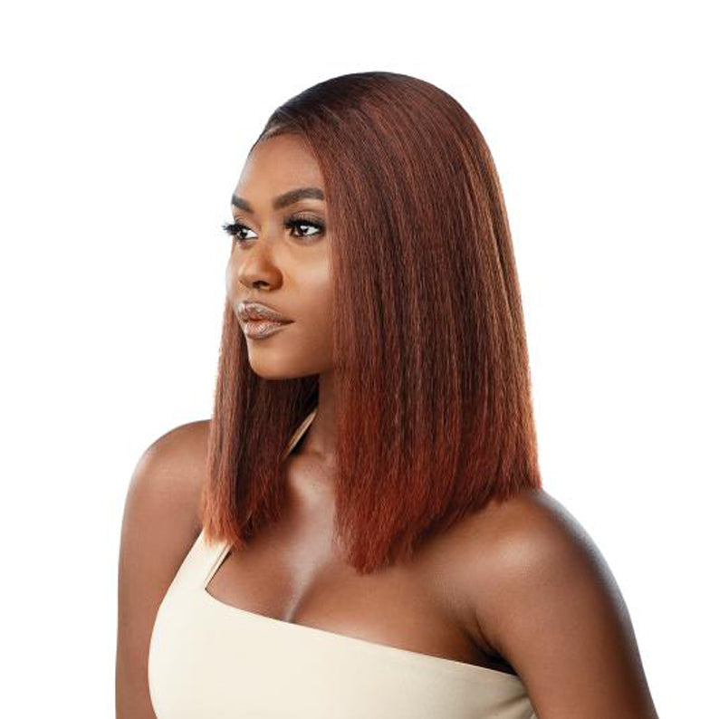 OUTRE straight auburn shoulder length bob on model with natural part Melted hairline lace front wig. Sleek yaki texture finish