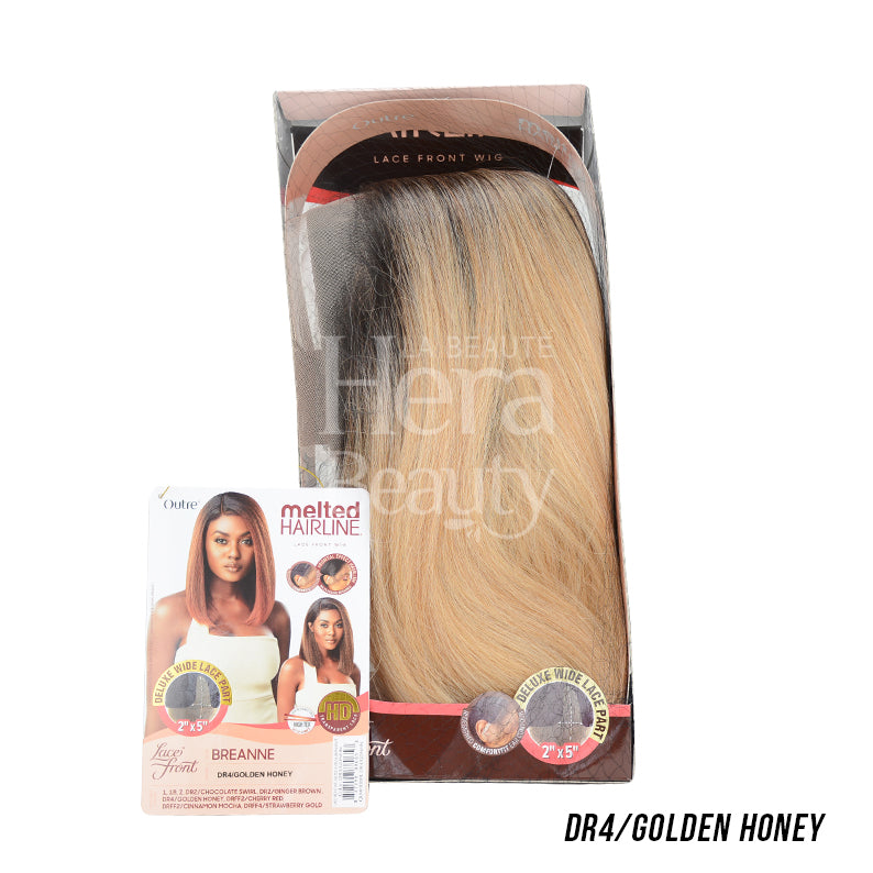 OUTRE Breanne wig DR4 Golden Honey in box with product card and Melted hairline lace front wig.