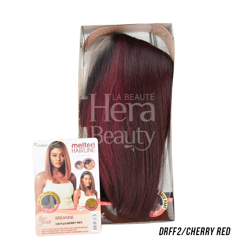 OUTRE DRFF2 Cherry Red Melted hairline lace front wig. Straight burgundy red synthetic wig in box with model card
