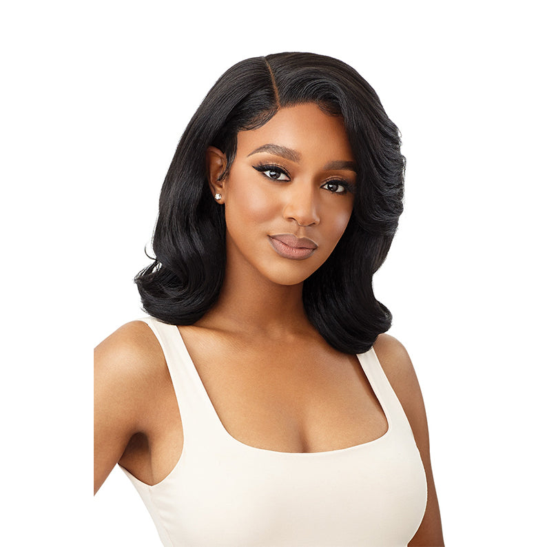 OUTRE black shoulder length wig with soft waves and melted hairline lace front wig for natural look