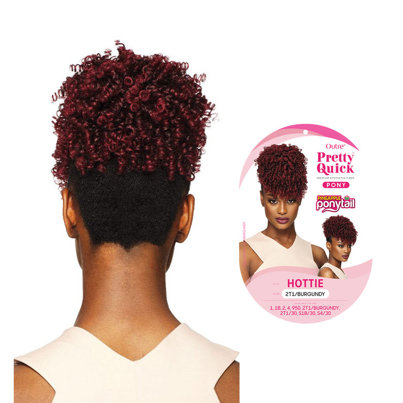 OUTRE pineapple ponytail extension in burgundy on short natural hair with curly puff and packaging