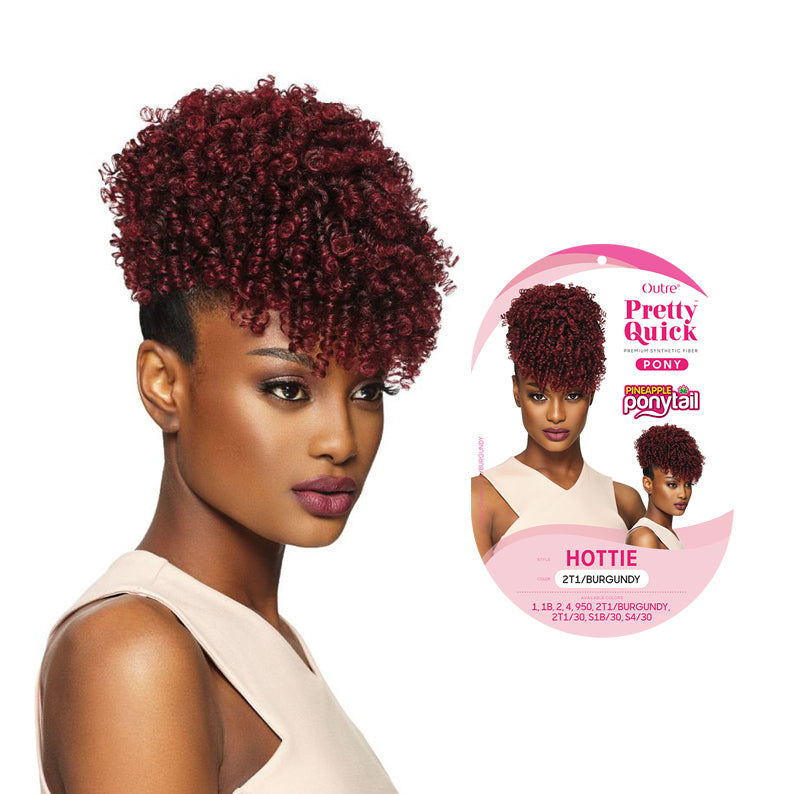 OUTRE pineapple ponytail extension Hottie curly burgundy short textured high ponytail on model