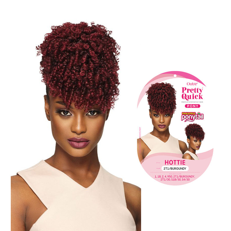 Outre Pretty Quick Hottie burgundy curly pineapple ponytail extension worn by model