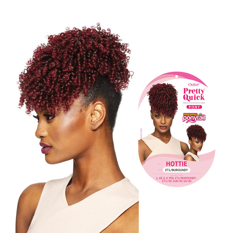 OUTRE Pretty Quick Hottie burgundy curly pineapple ponytail extension on model with packaging