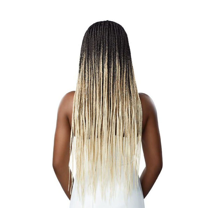 OUTRE pre-braided lace frontal wig long ombre box braids with dark roots fading to blonde ends back view