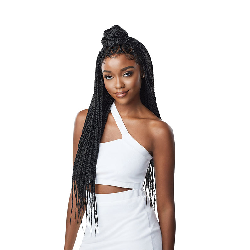 OUTRE pre-braided lace frontal wig long black box braids with top knot and natural hairline on model