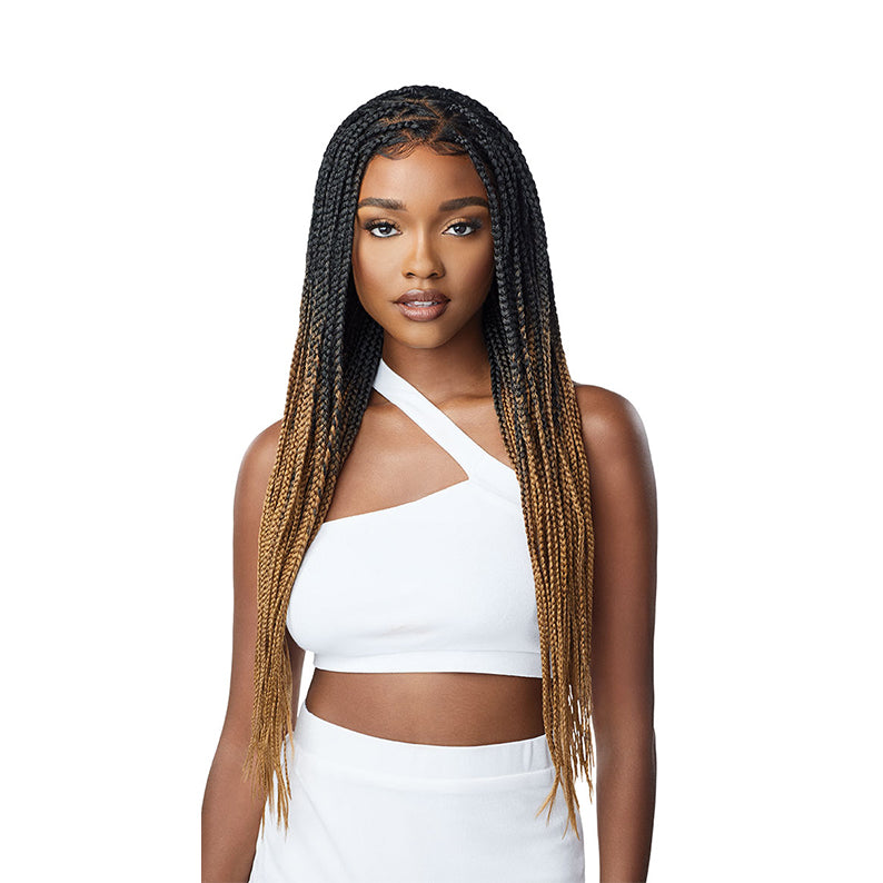 OUTRE pre-braided lace frontal wig long ombre box braids black to honey on model with center part