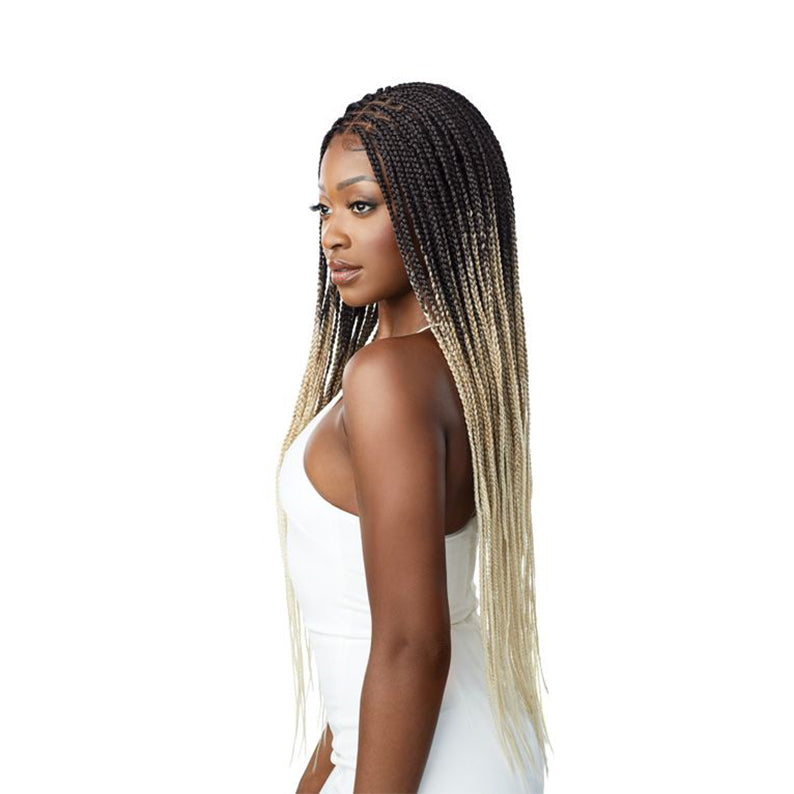 OUTRE pre-braided lace frontal wig long ombre box braids dark brown to blonde on model in white top