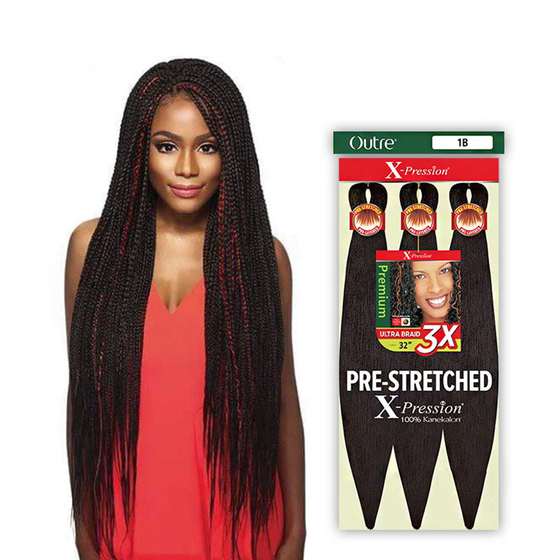 Outre pre-stretched braiding hair 32 inch shown on woman wearing long braided style with red highlights