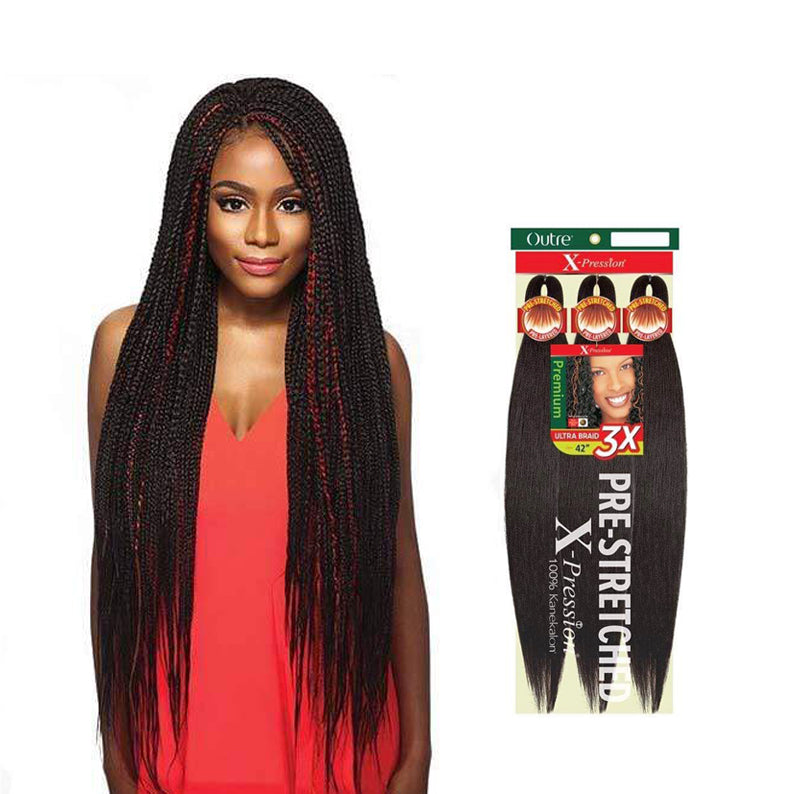 OUTRE braid with model wearing long black micro box braids pre-stretched braiding hair 42 inch