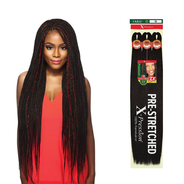 Outre pre-stretched braiding hair 72 inch shown on woman with long braided style and black packaging