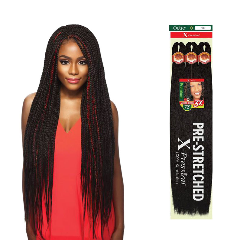 Outre pre-stretched braiding hair 72 inch shown on woman with long braided style and black packaging