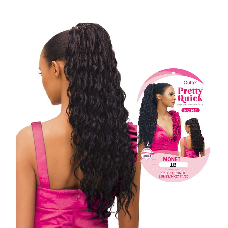 OUTRE premium ponytail hair extension in long wavy black style worn by a woman