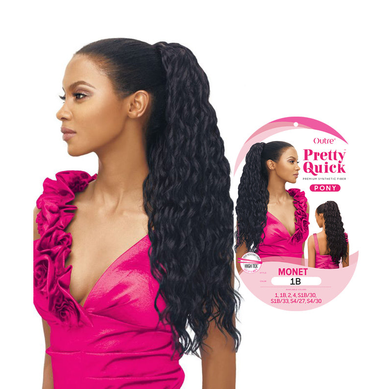 OUTRE premium ponytail hair extension in black worn by woman with long wavy hair in high ponytail