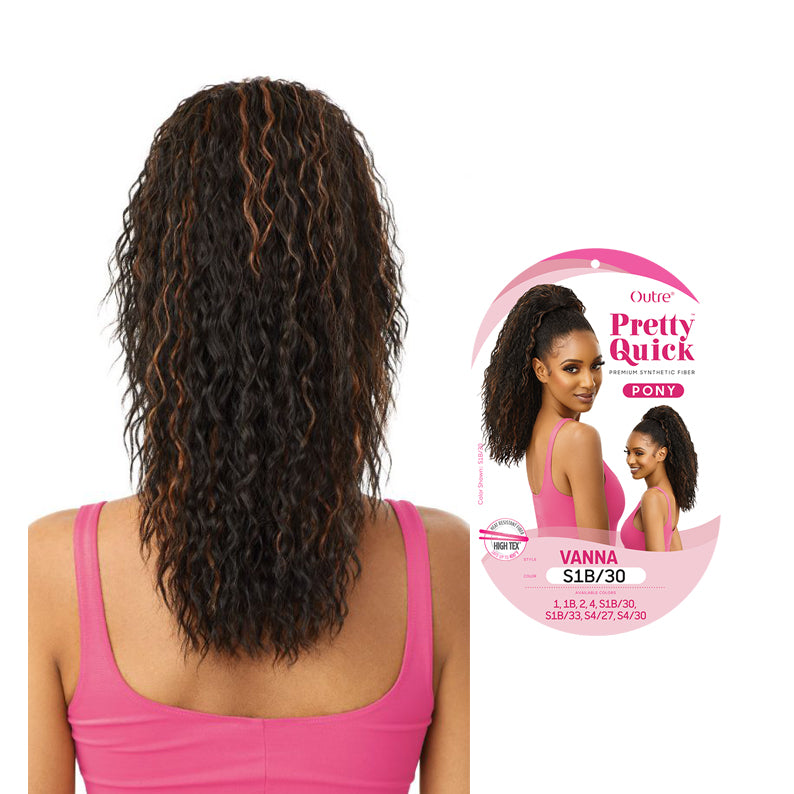 OUTRE Pretty Quick Pony Vanna extension in curly dark brown with caramel highlights for easy hairstyle