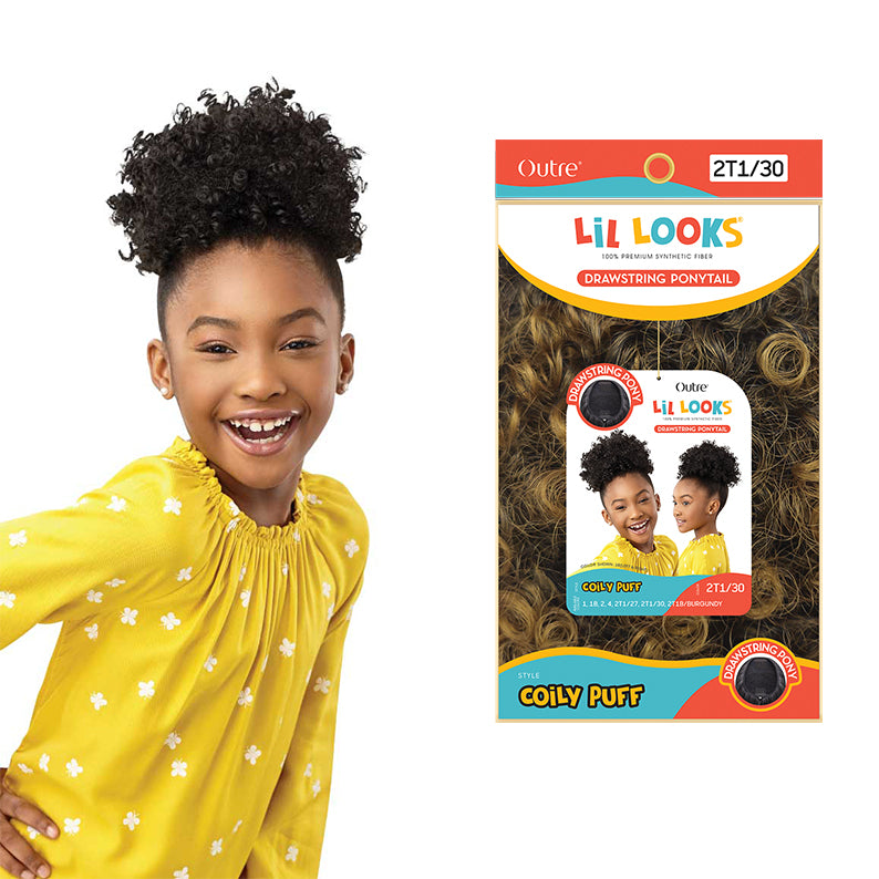 Outre Lil Looks synthetic coily puff ponytail braid in color 2T1 30 with drawstring closure