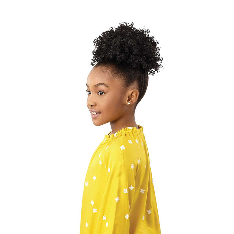 OUTRE synthetic coily puff ponytail worn by girl with natural black hair styled in high puff
