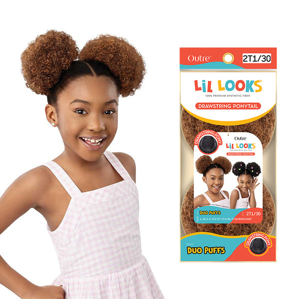 Outre Lil Looks synthetic drawstring ponytail puffs in color 2T1 30 worn by girl with two curly puff braids