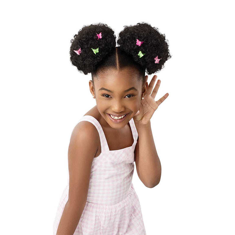 Young girl wearing OUTRE synthetic drawstring ponytail puffs styled in two fluffy afro puffs with colorful butterfly clips