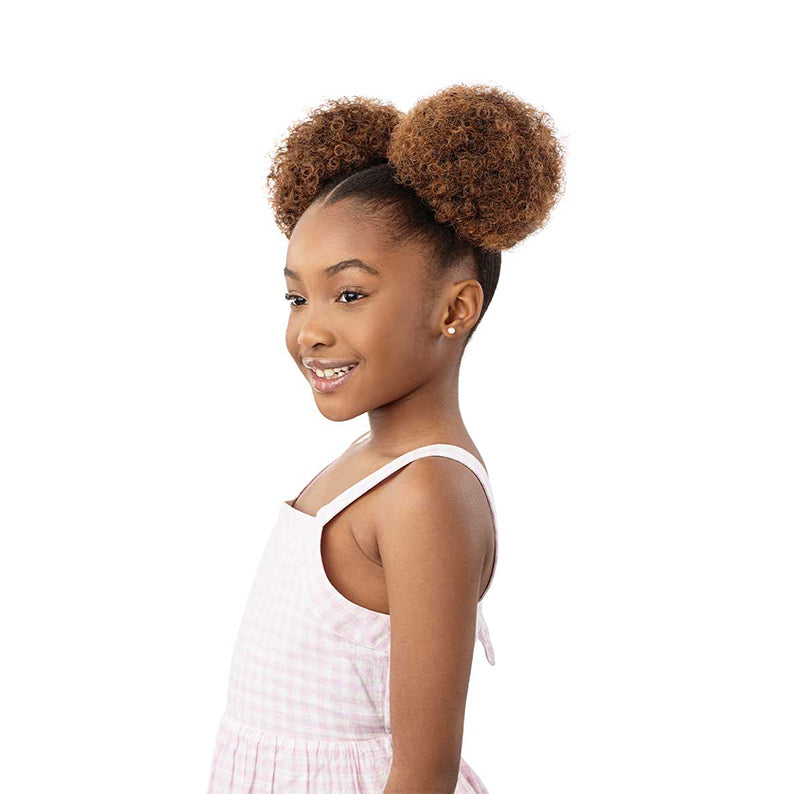Young girl wearing OUTRE synthetic drawstring ponytail puffs styled as two curly braids