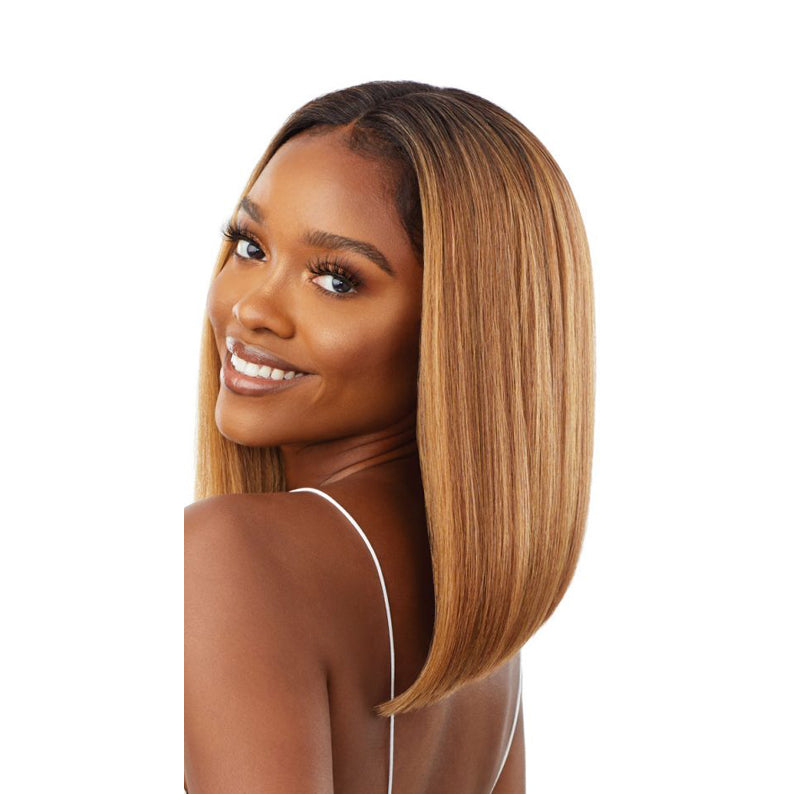 OUTRE synthetic lace front wig 14 inch honey blonde straight shoulder bob on smiling model