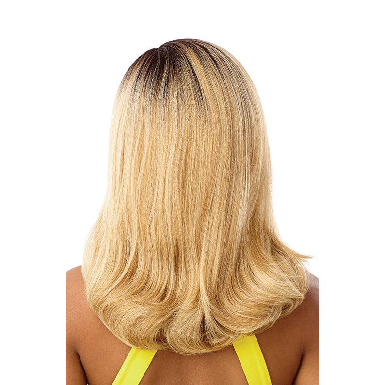 OUTRE synthetic lace front wig 16 inch in blonde with dark roots and soft waves shown from back