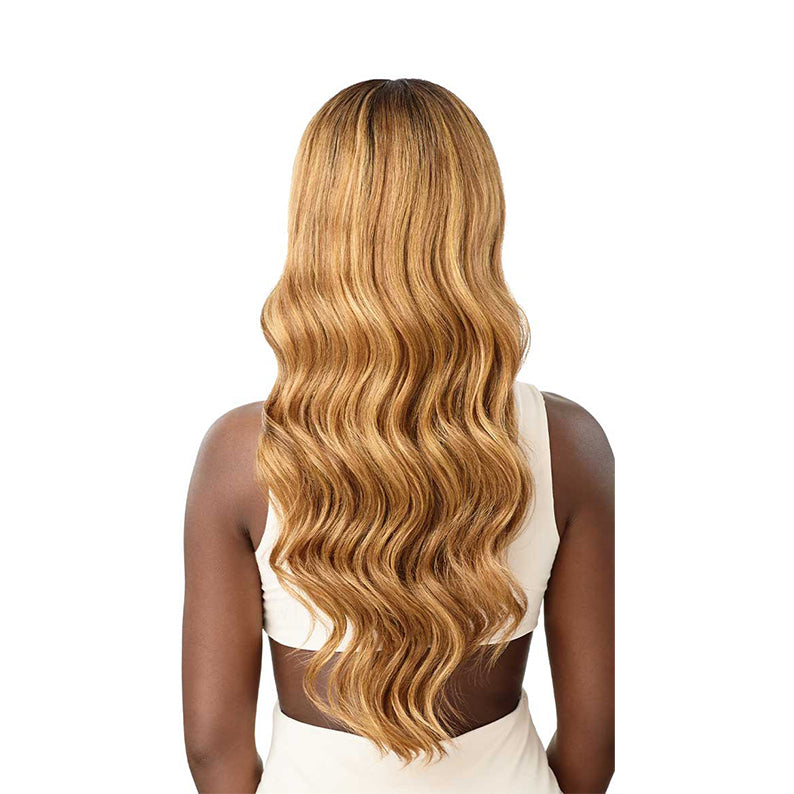 OUTRE WIGPOP synthetic full cap wig long honey blonde wavy hair back view on model