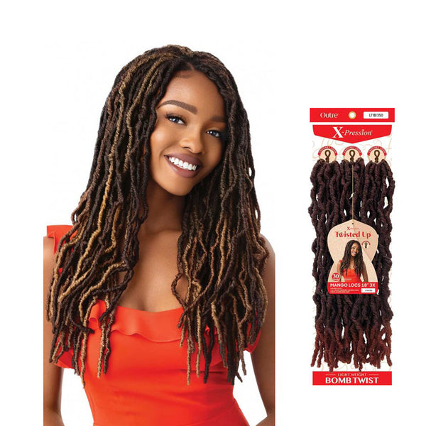 OUTRE X-Pression Mango Locs crochet braid in twisted bomb twist style with dark and mango brown colors