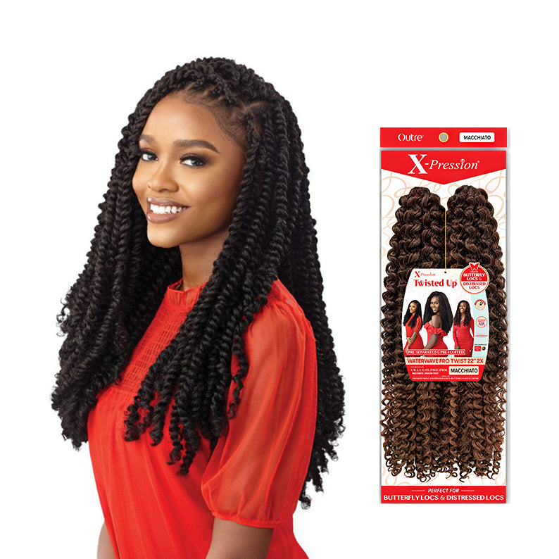 OUTRE X-Pression Waterwave braiding hair in Macchiato color with woman wearing styled braids