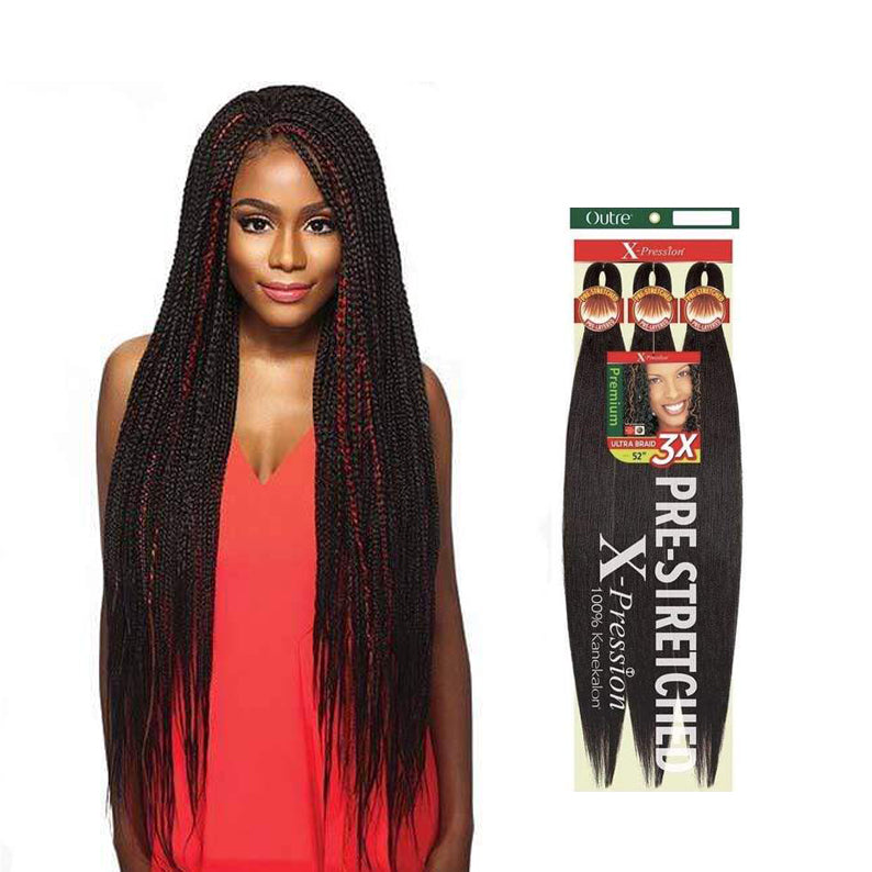 OUTRE pre-stretched braiding hair long micro box braids with red highlights on model and packaging