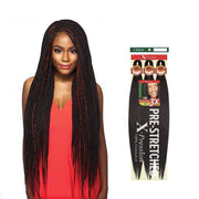OUTRE pre-stretched braiding hair long micro box braids with red highlights on model and packaging