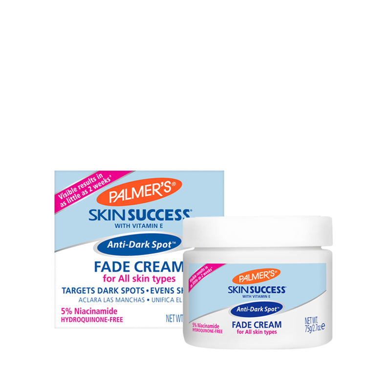 Palmer's Skin Success fade cream jar and box packaging showing anti dark spot fade cream for all skin types