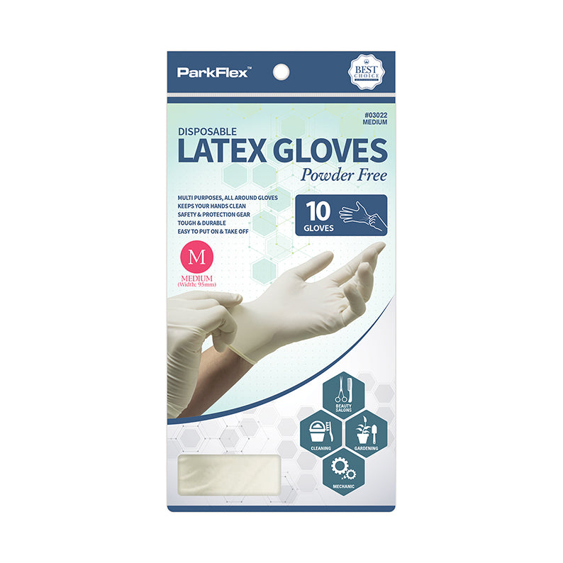 BEAUTY TOWN disposable powder free medium latex gloves for salon use pack of 10 showing hands wearing gloves
