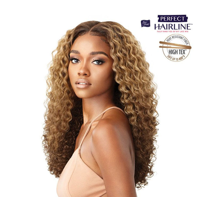 OUTRE 13x5 lace frontal wig honey blonde deep wave on model with natural middle part