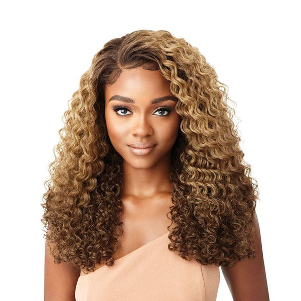 OUTRE 13x5 lace frontal wig honey blonde curly shoulder length with natural hairline and dark roots