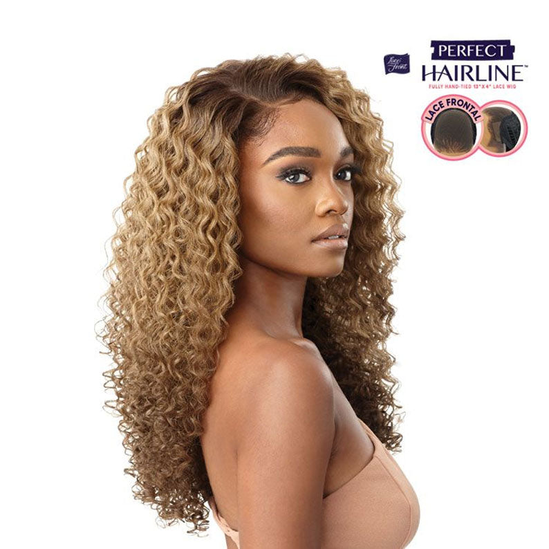 OUTRE 13x5 lace frontal wig long curly honey blonde brown mix on model with natural hairline