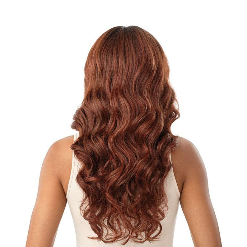 OUTRE 13x5 lace frontal wig synthetic long wavy auburn hair back view on model