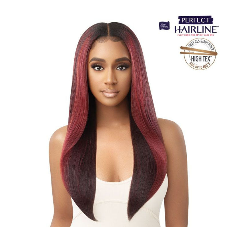 OUTRE synthetic lace frontal wig 28 inch long straight burgundy ombre with middle part on model