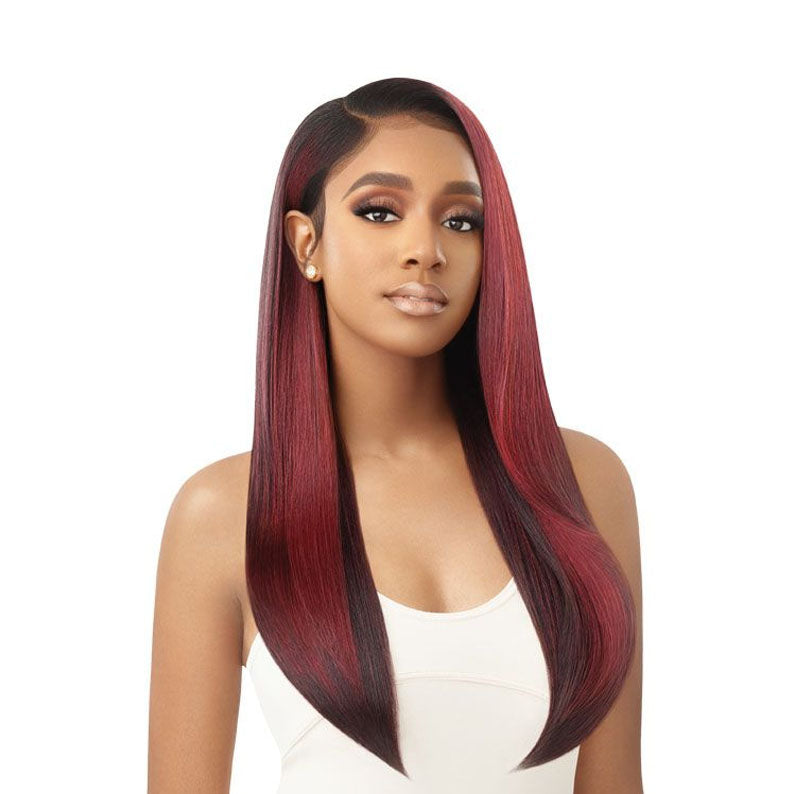 OUTRE synthetic lace frontal wig 28 inch straight burgundy to black ombre with side part on model