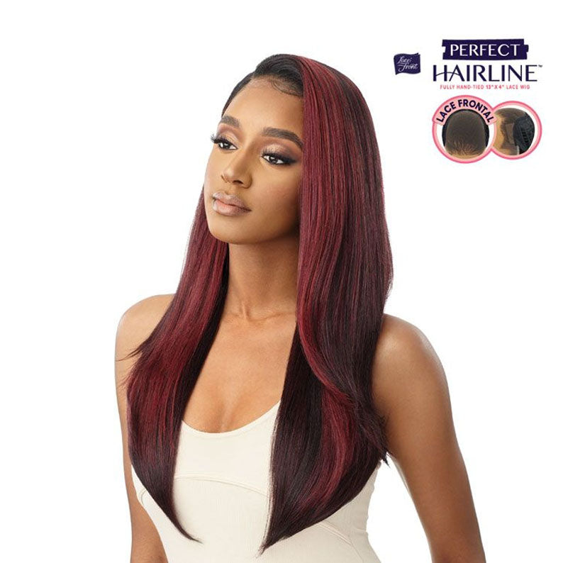 OUTRE synthetic lace frontal wig 28 inch straight burgundy with black roots on model sleek center part